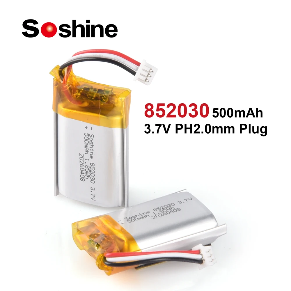 Soshine 3.7V 852030 500mAh LIPO Batteries 852030 Lithium Li-Ion Polymer Battery for Remote Control iPod Bluetooth Speaker GPS