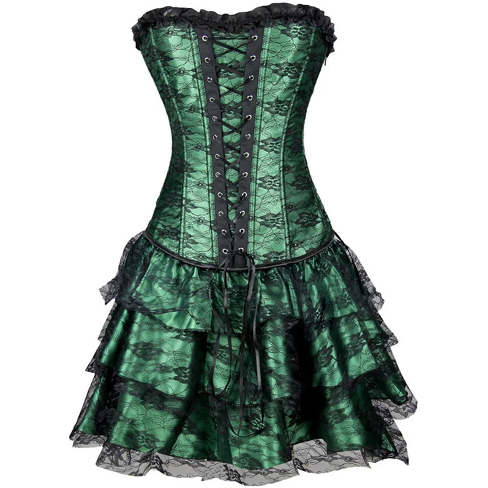 Women Sexy Lace Floral Corset Dress Vintage Victorian Burlesque Corset Top With Gothic Ruffle Asymmetry Skirt Set