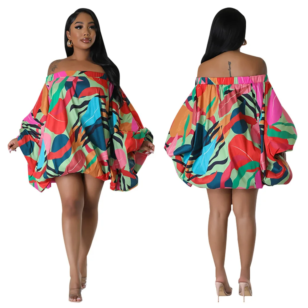 

Vintage Women Fashion Stretch Hem Off Shoulder Slash Neck Lantern Long Sleeve Printed Ball Gown Smock Dress Vestidos