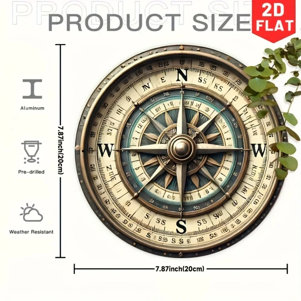 8x8 Inch Round Metal Sign Vintage Compass Wall Art for Home Decor