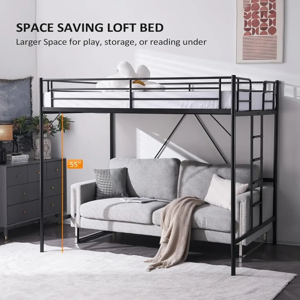 Loft Bed Full Size with Flat Rungs for Adults, Kids and Young Teens, No Box Spring Required,Heavy Duty Metal Slat Support