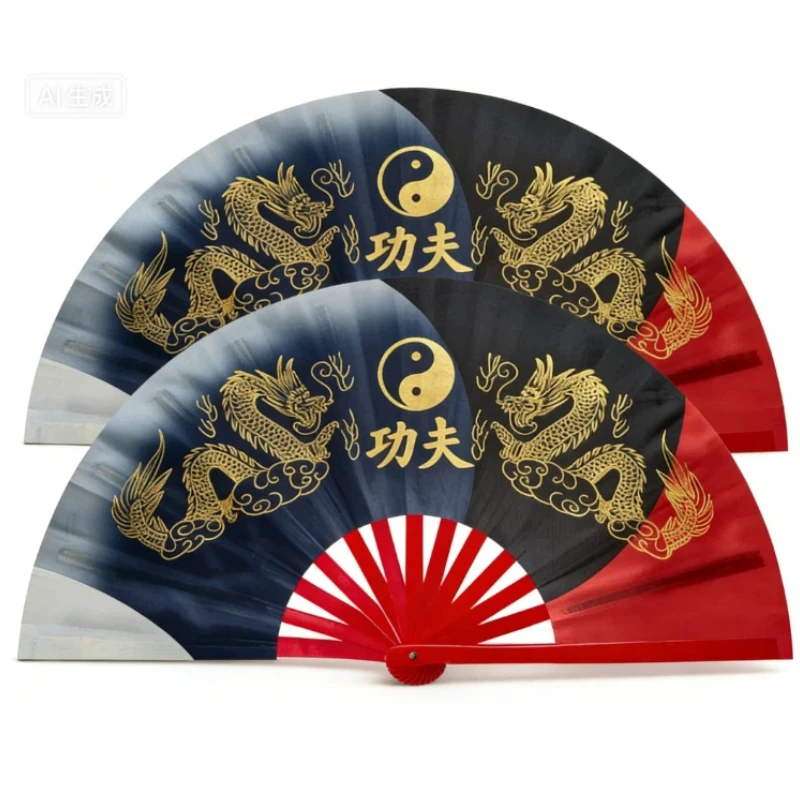 New Tai Chi Fan Ink Wash Hot Stamping Double Dragon Kung Fu Fan High End Bamboo Bone Adult Martial
