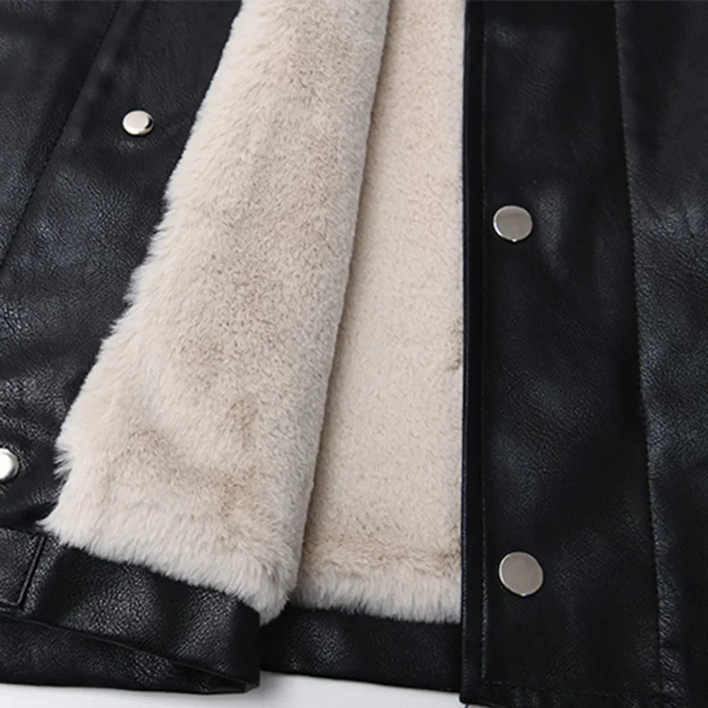 Women Black PU Leather Jacket Ladies Autumn Winter Faux Fur Velvet Thick Coat Warm Leather Motorcycle Jacket Oversize Overcoat