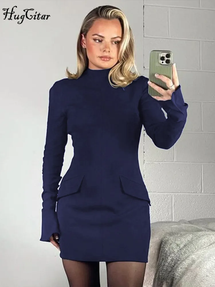 Hugcitar 2024 Elegant Solid Long Sleeve Pockets Sexy Bodycon Mini Prom Dress Spring Women Clothes Birthday Party Vacation Y2K