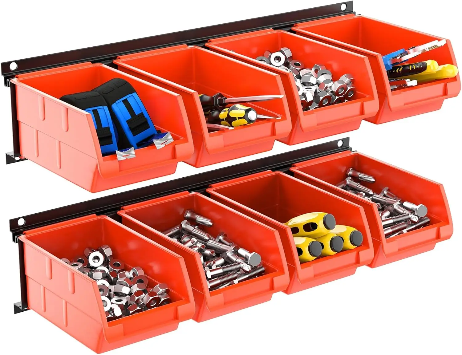 

Wall-Mounted Storage Bins 8 Pack with 2 Metal Tracks for Garage Tool Organization, Heavy Duty Plastic, Quick Install, Orange