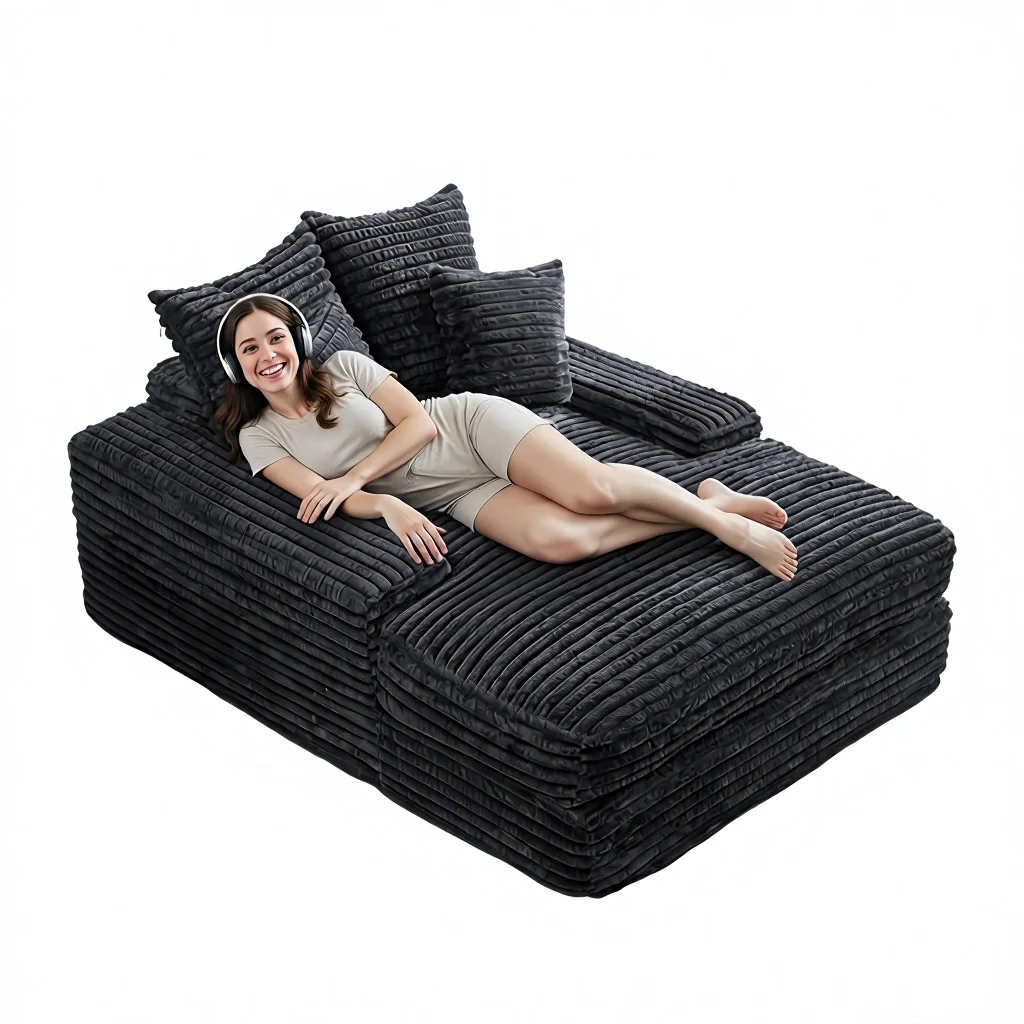 

Oversized Chaise Lounge Chair Upholstered Cozy Corduroy Sleeper Sofa Bed Wide Armrests High-Density Foam No