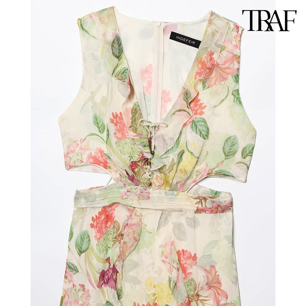 فستان نسائي جديد مطبوع بلا أكمام مطبوع من TRAF فستان نسائي جديد بدون أكمام Y2K فستان نسائي مثير برقبة على شكل V مجوف شاطئي 2025 صيفي مزاجية ملابس نسائية #2