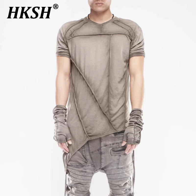 

HKSH Men's Tide Punk Independent Waste Land Retro Asymmetric Bottoming Ribbon Tie Dye T-shirt Fashion Garde Avant Tees HK0771