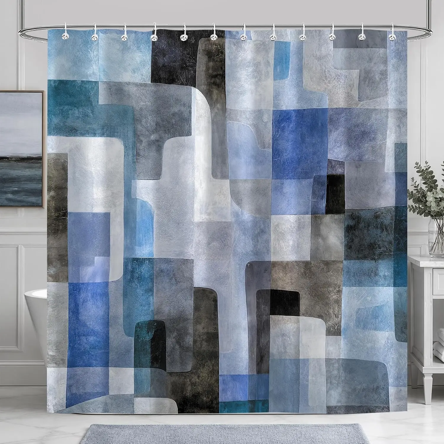Blau-Grauer Abstrakter Block-Duschvorhang, Mehrfarbiger Unregelmäßiger Geometrischer Druck Wasserdichter Badvorhang für Moderne Minimalistische Badezimmer