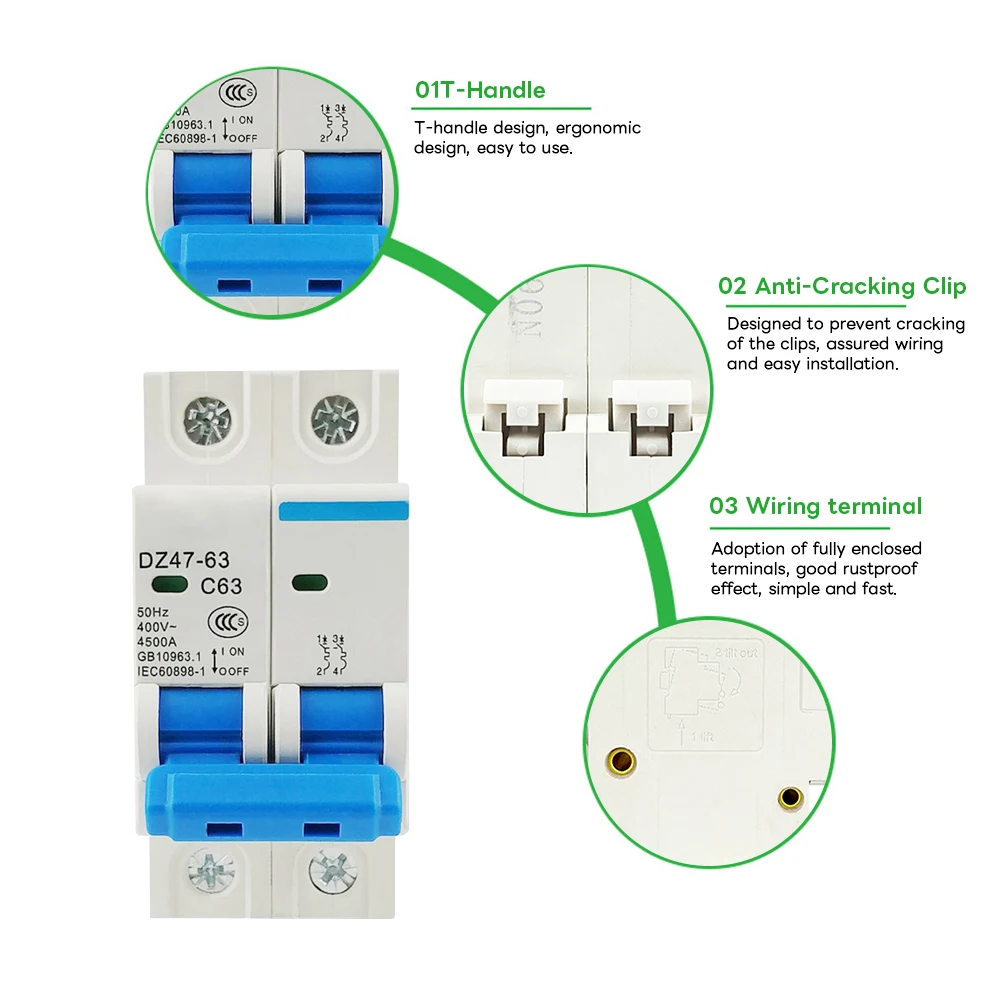 2P DC 1000V Solar Mini Circuit Breaker 3A 6A 10A 16A 20A 25A 32A 40A 50A 63A DC MCB for PV System 2P DC 1000V Solar Mini Circuit