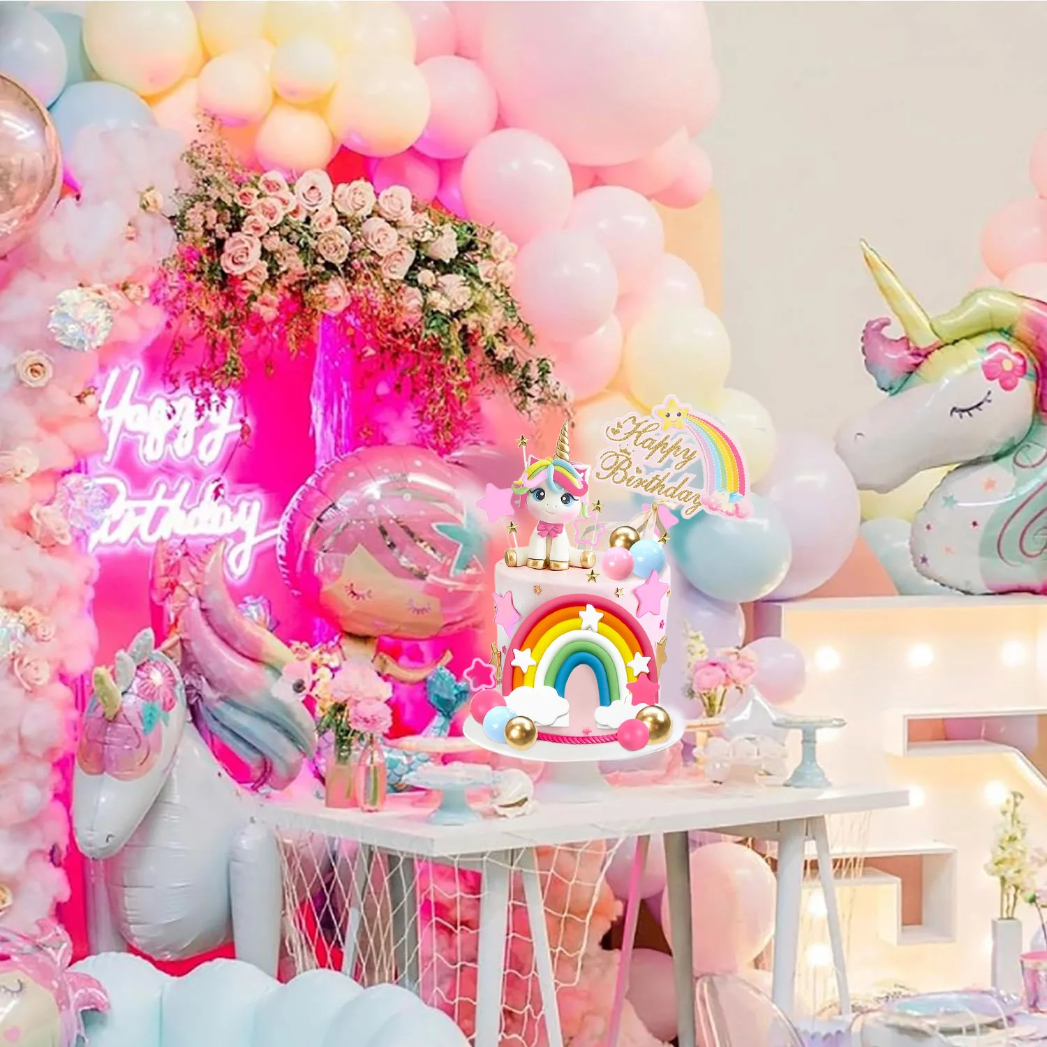 Unicorn Cake Topper, Unicorn Rainbow Cake Decorations with Rainbow Stars Unicorn Balls Happy Birthday Cake Decorations