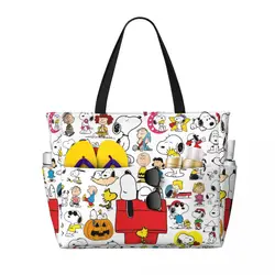 Niestandardowe komiksy Snoopy Collage Beach Tote Bag Women Cartoon Big Compartment Beach Gym Travel Bags