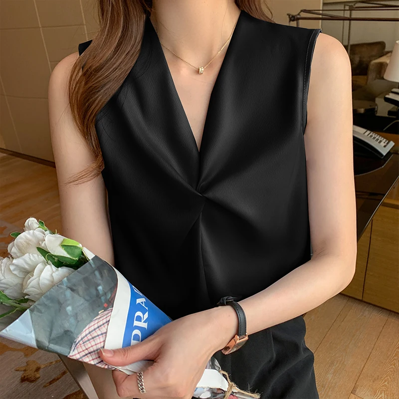 Summer Vintage Elegant Sleeveless Chiffon Shirts Fashion Solid Commute Blouse Women Clothing V-neck Simple Loose Casual Tops