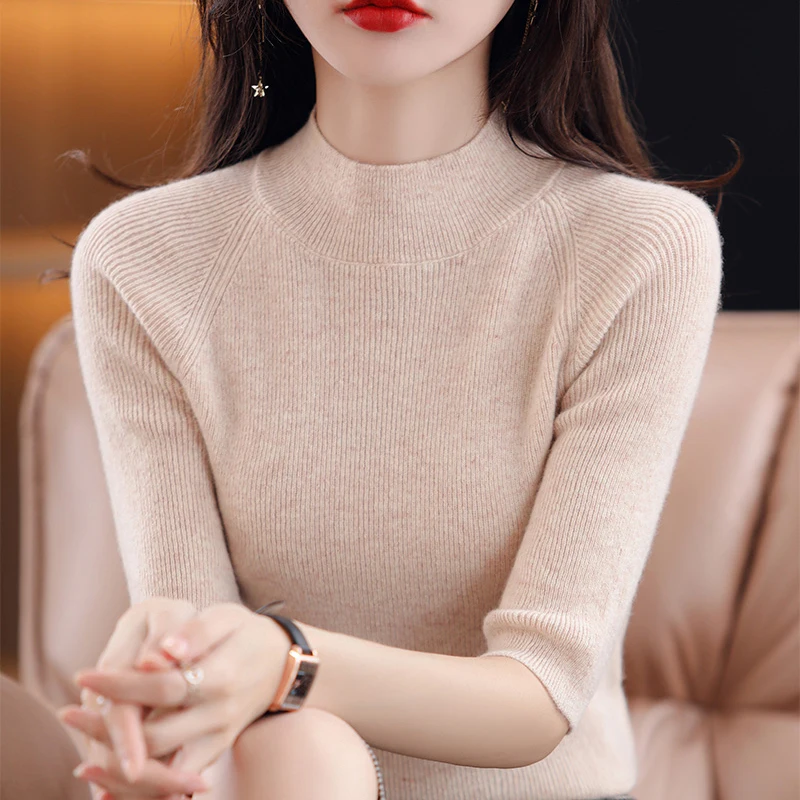 

Женский трикотажный топ с высоким воротником Ele Five-Quarter Sve, облегающий, для ношения под костюм, весна-осень