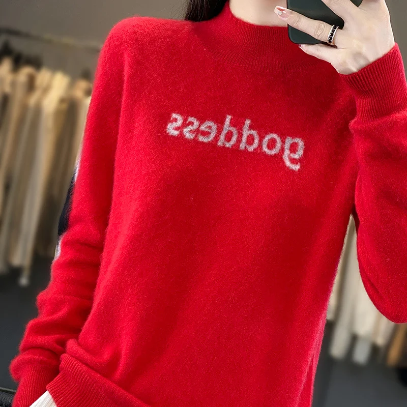 Herbst Winter Frauen 100% Merino Wolle Pullover Mock-Neck Pullover Kaschmir Einfarbig Grundlegende Klassische Mode Freizeit Top
