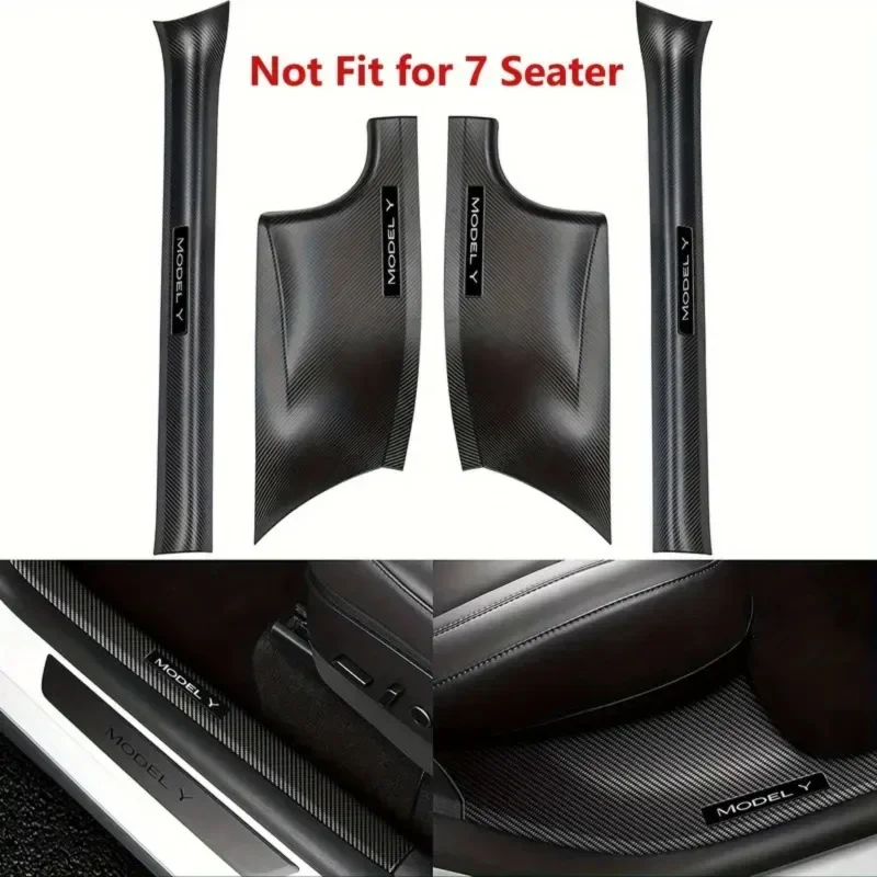 For Tesla Model Y 20-24,Carbon Fiber Pattern Anti-slip Road Door Sill Strip,Car Interior Door Sill Trim Felt Guard Anti-stepping