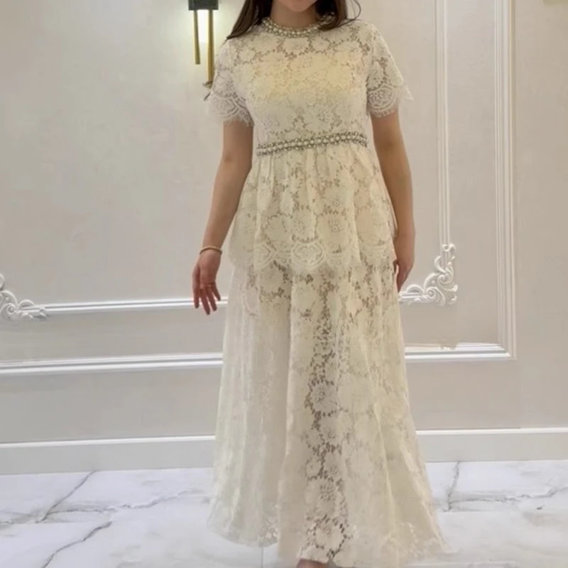 

White Lace Dress Women O-neck Beading Short Sleeve Elegant Clothing Lady Runway Design Streetwear Party Vestidos Bodycon