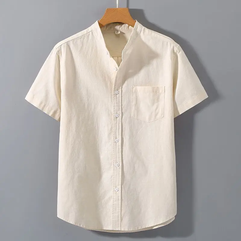 

Men's Cotton Linen ort Sve irt Casual Summer Faion Simple Small Stand Collar Top Pure Color Thiened Autumn Wear