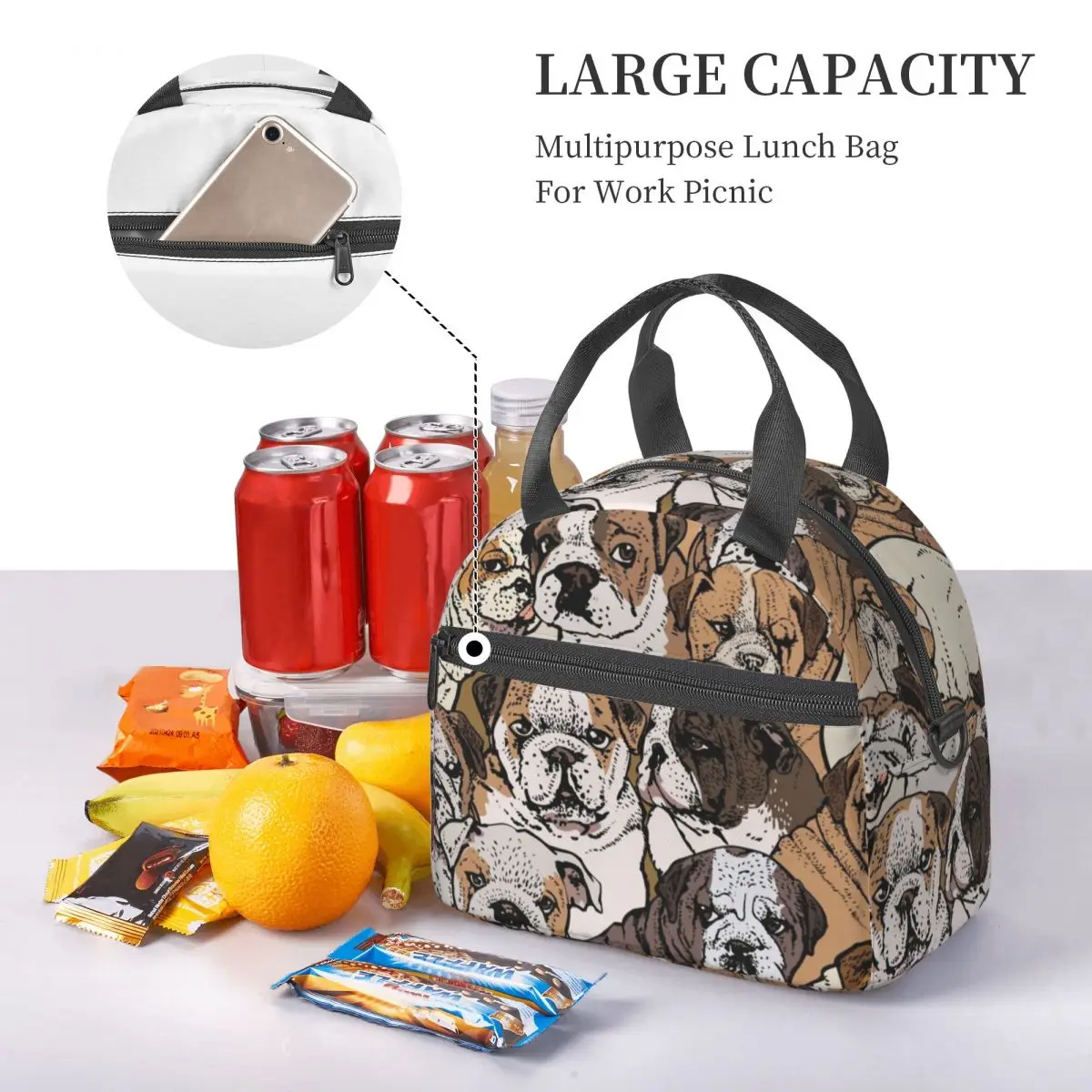 Social English Bulldog Insulated Lunch Bag for Women Bento Storage Food Boxes Container Cooler Thermal Lunch Box Tote