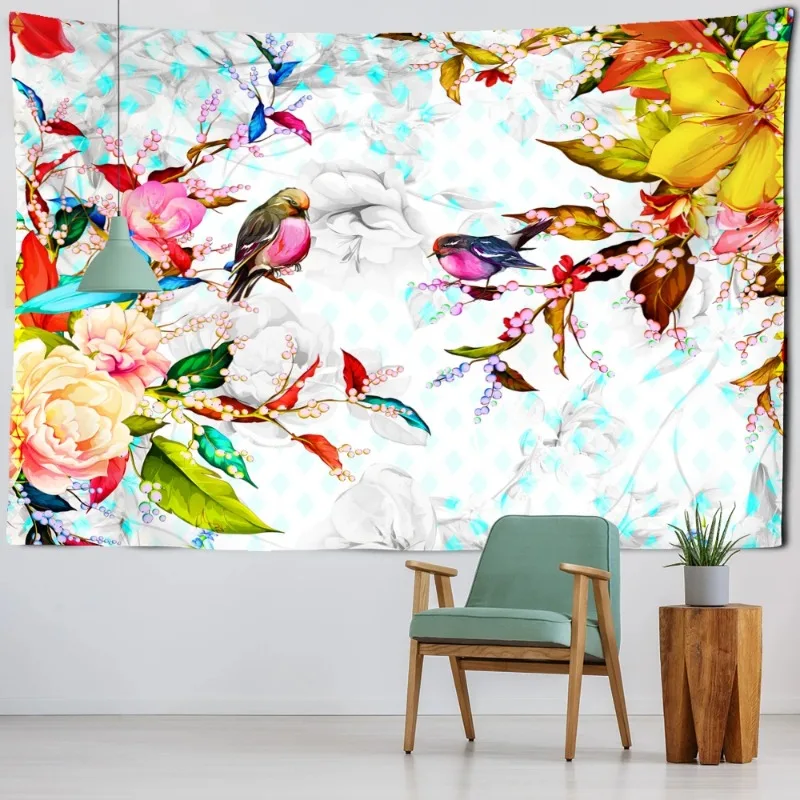 Bouquet Flowers Flying Bird Illustration Tapestry Wall Hanging Nature Botanical Aesthetic Room Boho Tropical Living Room Decor