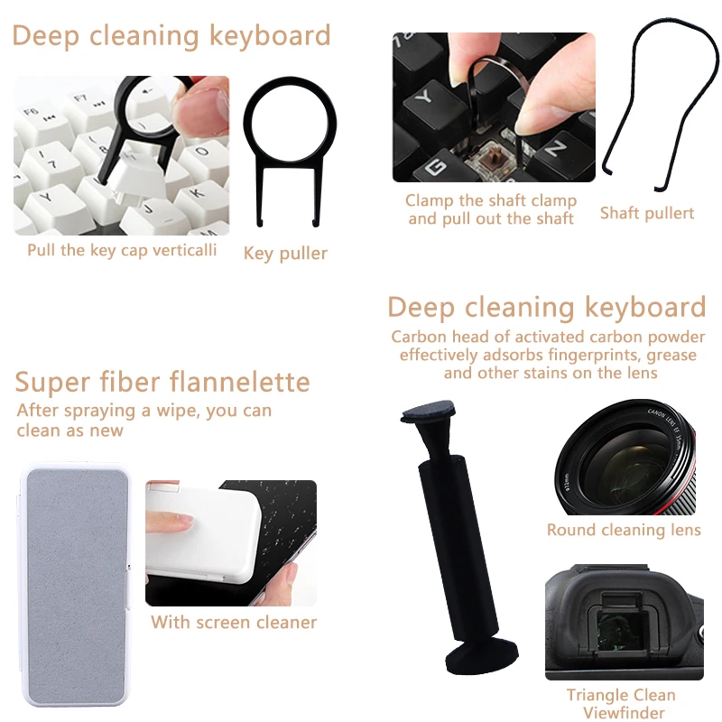 Keycap extrator de eixo chave 18 em 1 kit de limpeza de manchas teclado de computador escova tela spray de limpeza de poeira ferramenta de limpeza de 