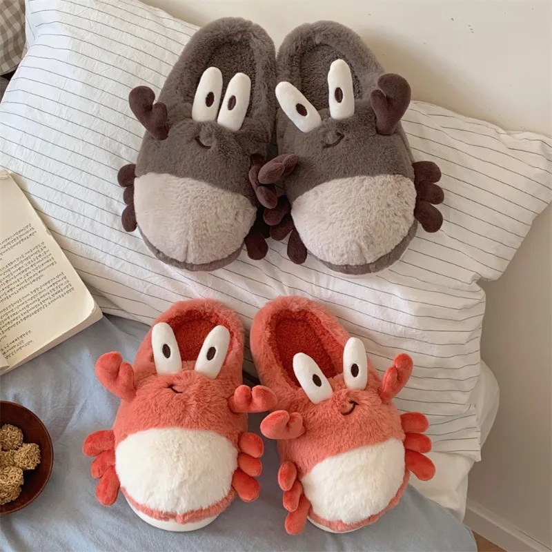 Fun cartoon crab autumn and winter warm home cotton slippers ladies creative personality new plush soft bottom moon shoes