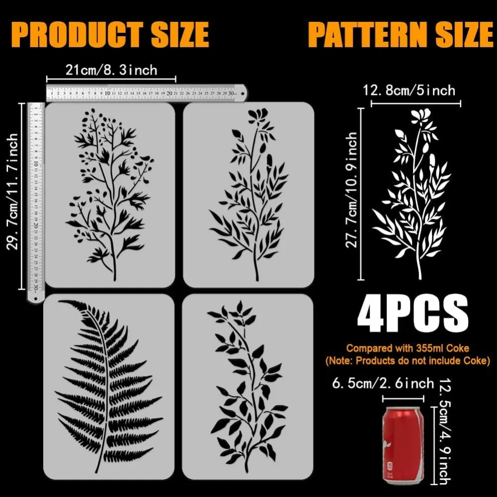 4 Pcs Leaves Flowers Stencil 8.3x11.7 inch Fern Leaf Stencils Plastic Sunny Goldenrod Fern Floral Pattern Stencil Wildflower