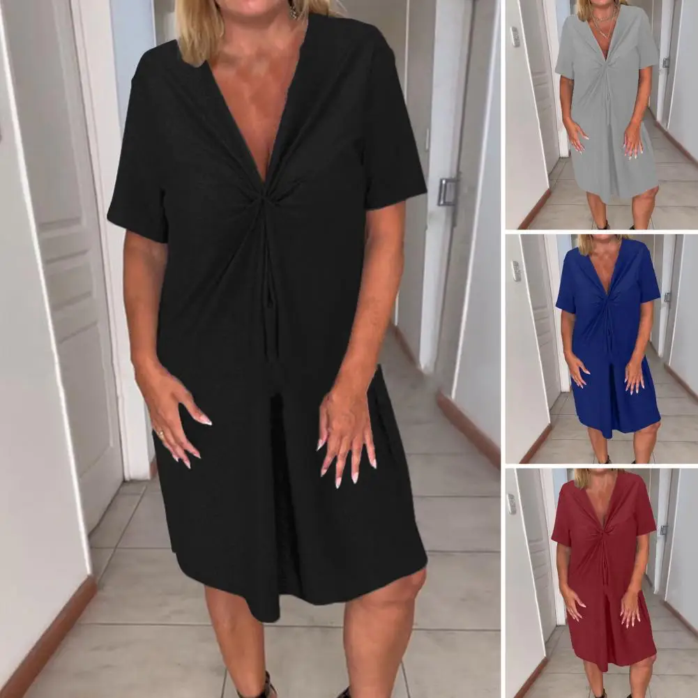 

Women V-neck Midi Dress Beach Dress Stylish Summer Women's Deep V Neck Midi Dress with Knot Detail Pleated Design for Casual