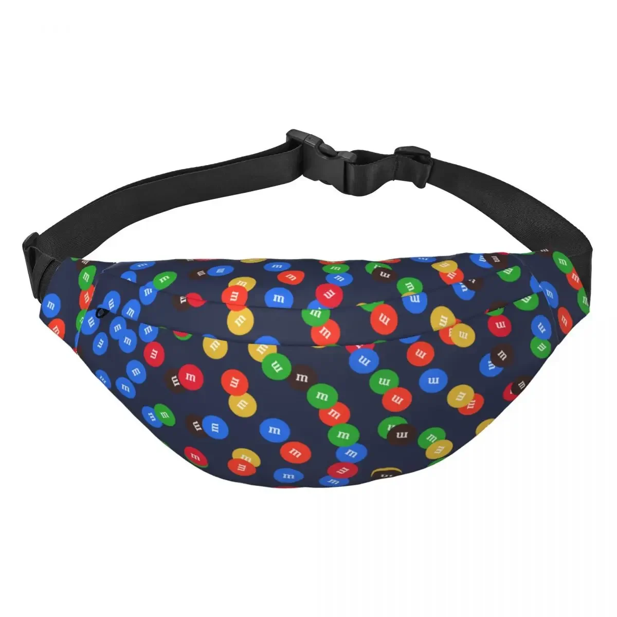 M&M Sweet Chocolate Candy Fanny Pack النساء والرجال أزياء الكرتون حبال Crossbody الخصر حقيبة للسفر الهاتف المال الحقيبة