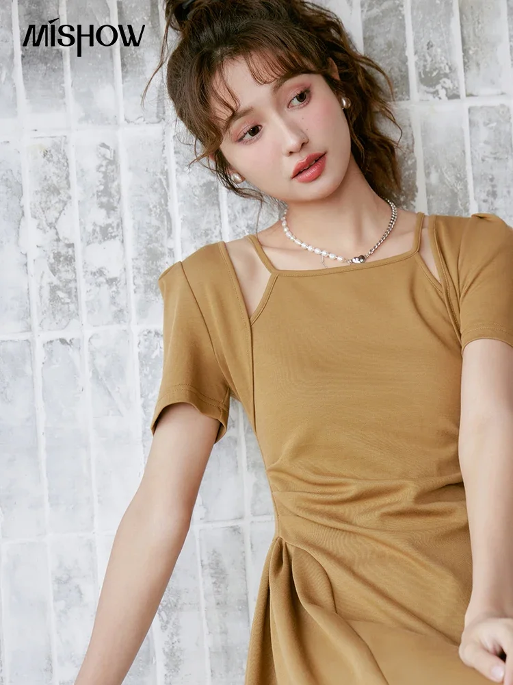 MISHOW 2023 Summer Design Hollow Out Fake Two-piece Waist Dress A-LINE Square Collar Solid Female Knee-Length Dresses MXC39L1581