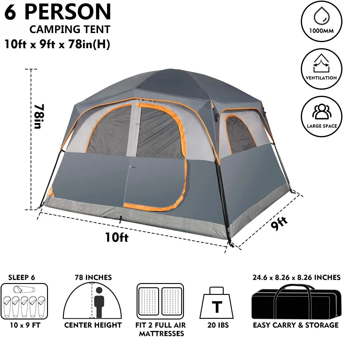 Tents 6 Person Waterproof Windproof Easy Setup,Double Layer Family Camping Tent with 1 Mesh Door & 5 Large Mesh Windows