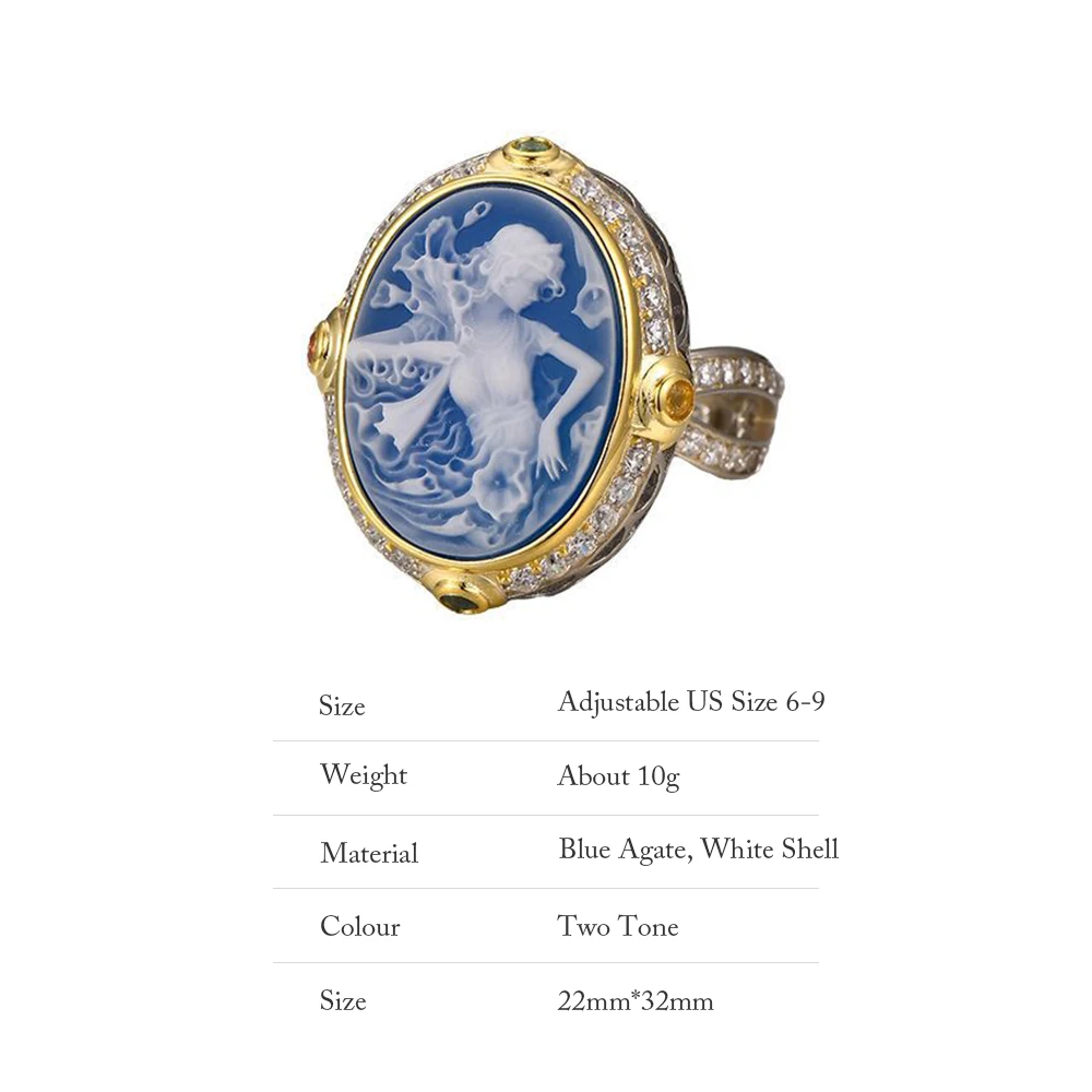 TZgrams Goddess Cameo Ring for Female 925 Sterling Silver Two Tone Cocktail Ring Natural Blue Agate White Shell Trending Jewelry