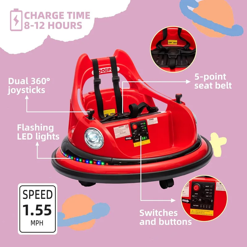 Voiture pare-chocs 12V pour enfants, voiture pare-chocs pour tout-petits avec télécommande, voiture électrique avec lumières LED, rotation à 360 degrés, Bluetooth
