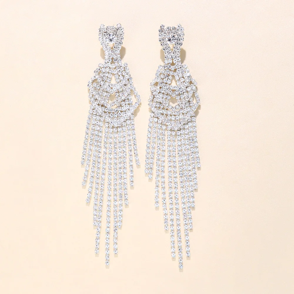Cross-border fashion diamond-encrusted long fringed earrings women's versatile temperament rhinestone earrings stud earrings
