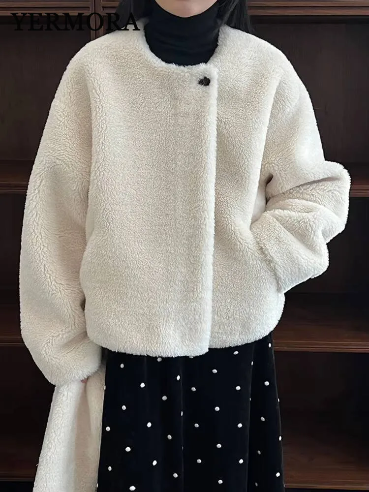 

YERMORA Winter New White Scarf Thick Jacket For Women O-Neck Long Sleeve Loose New Coat Fashion Tide Autumn Winter 2025