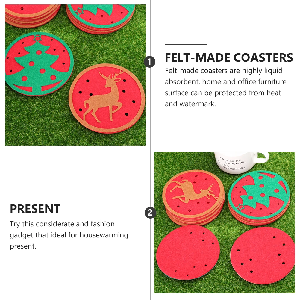 

10Pcs Christmas Felt Round Coaster Set Nonslip Cup Pads Waterproof Heat Resistant Xmas Holiday Table Protector