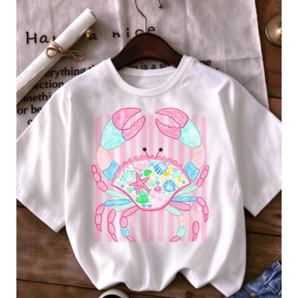 Cute Pastel Crab With Seashell Starfish Pink Striped Background Graphic T Shirt Women Crew Neck Short Sleeve Tee