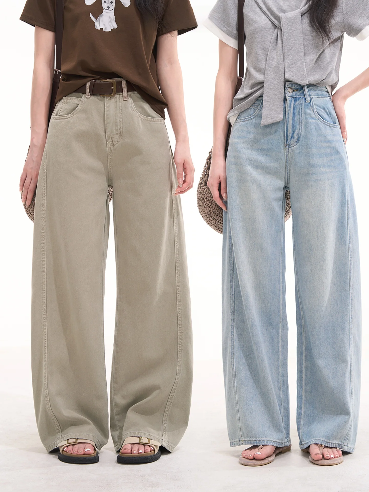 

Heme Korean Style Simple Loose Wide Leg Jeans Women's Spring Summer Casual Cotton Blend Pants Knife Design