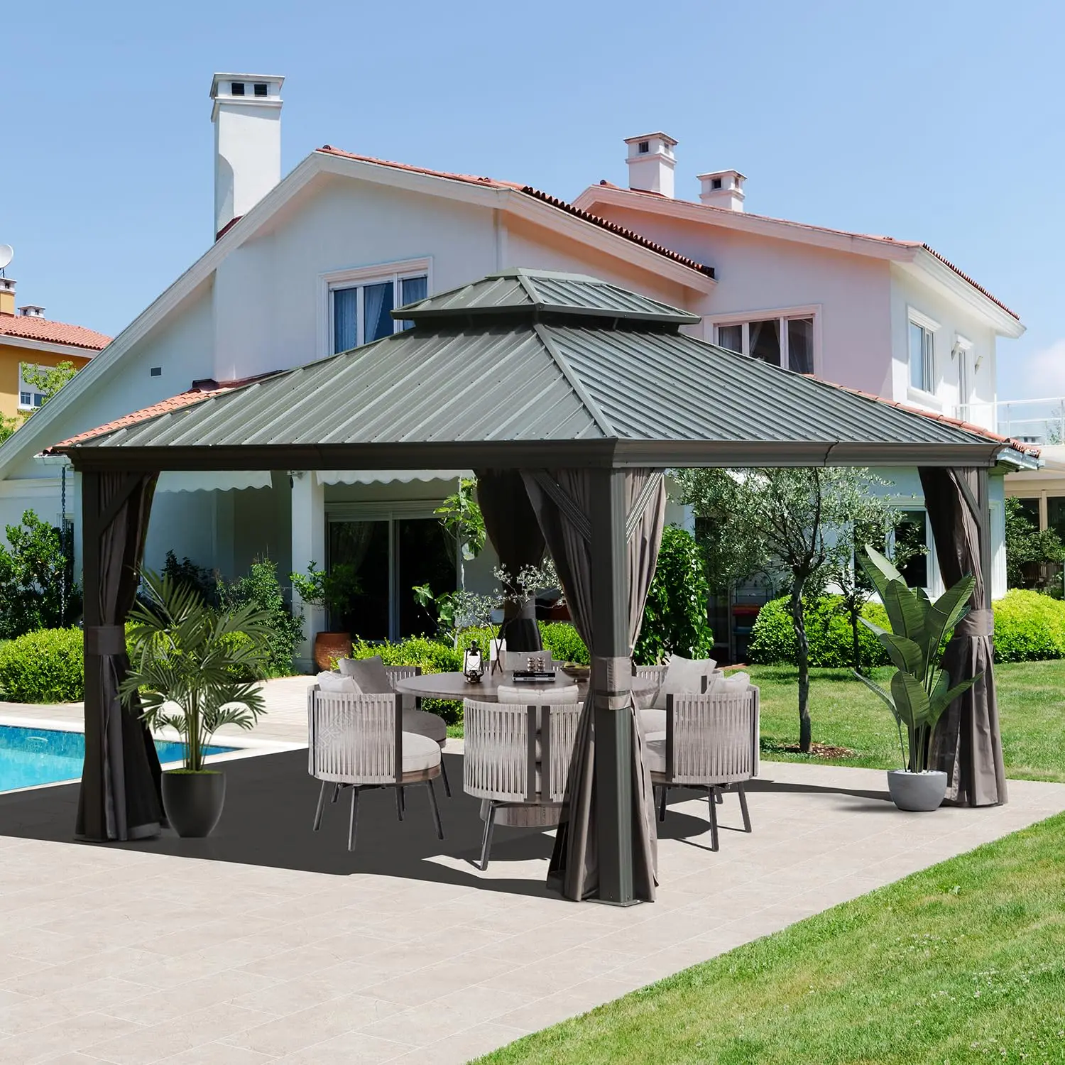 Domi Hardtop Gazebo 10x12FT, Outdoor Gazebo with Galvanized Steel Double Roof, Aluminum Frame, Built-in Gutter, Customized