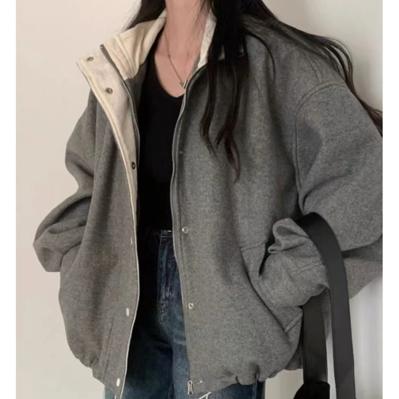

Solid Turn-down Collar Jacket Women Autumn and Winter Single-breasted Long Sleeve Contrast Coat Loose Casual College Style Top