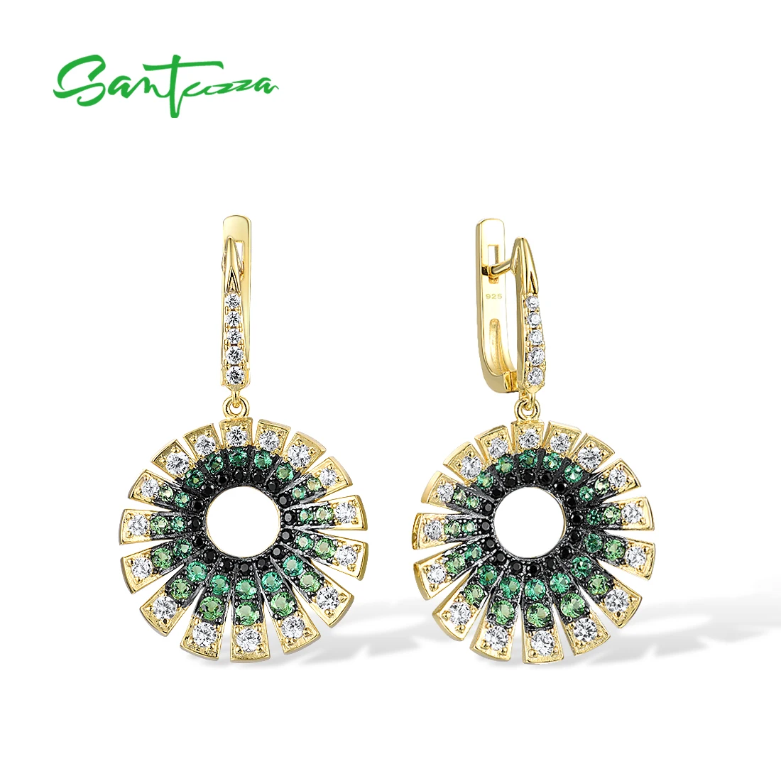 SANTUZZA Authentic 925 Sterling Silver Drop Earrings For Women Sparkling Green Spine White CZ Trendy Wedding Party Fine Jewelry