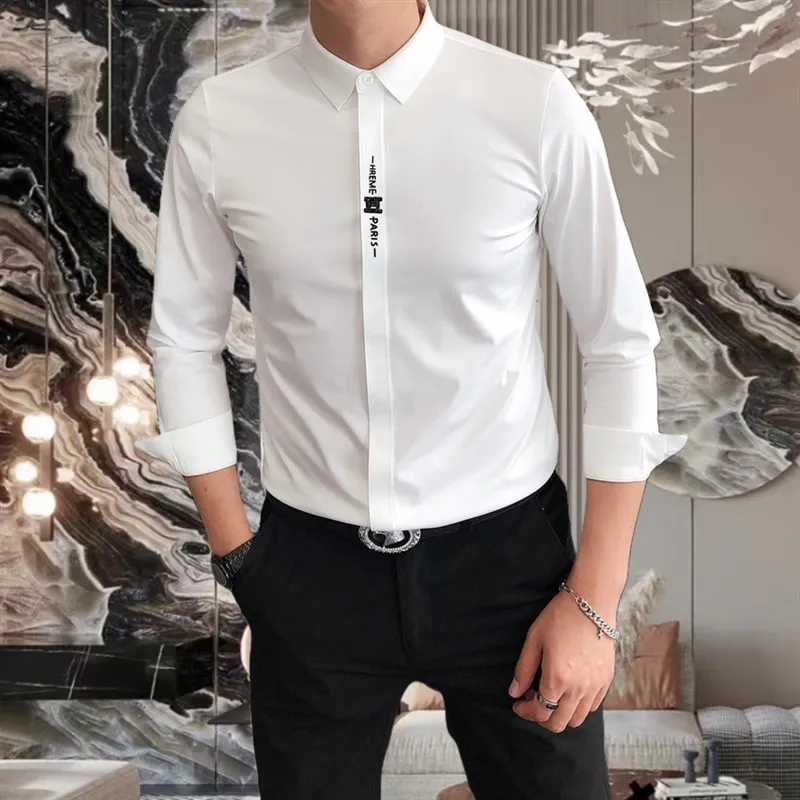 

Мужская повседневная рубашка Ele Long Sve из ледяного шелка, приталенная, без глажки, с вышивкой, модная, для ежедневной носки, весна