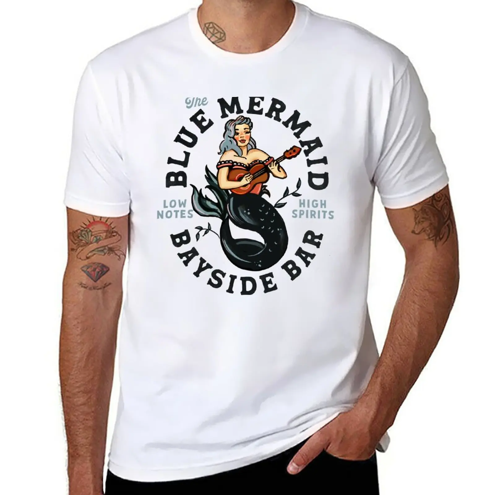 New The Blue Mermaid Bayside Bar: Vintage Pin-up Girl Playing Guitar Travel Art T-Shirt Short sleeve tee mens clothes