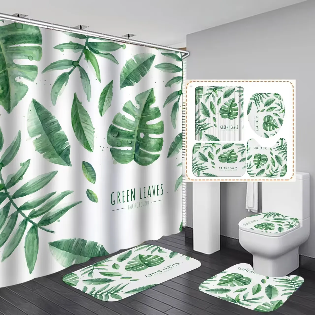 3D Green Leaf Print Shower Curtain 4 Piece Carpet Cover Toilet Cover Bath Mat Pad Set Bathroom Curtain with 12 Hooks Home Decor