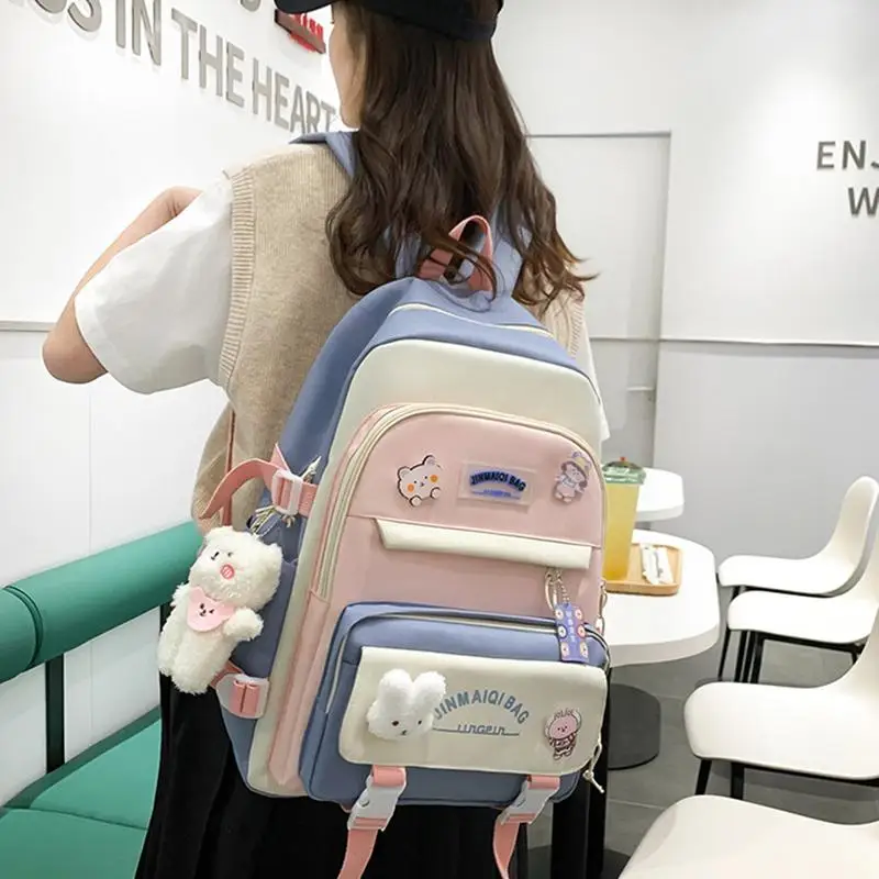 Rucksack Combo für Schule Kawaii Schule Rucksack Kit mit Bär Anhänger Puppe 5-teilige Mädchen Daypack Rucksack Set Oxford Leinwand Schule