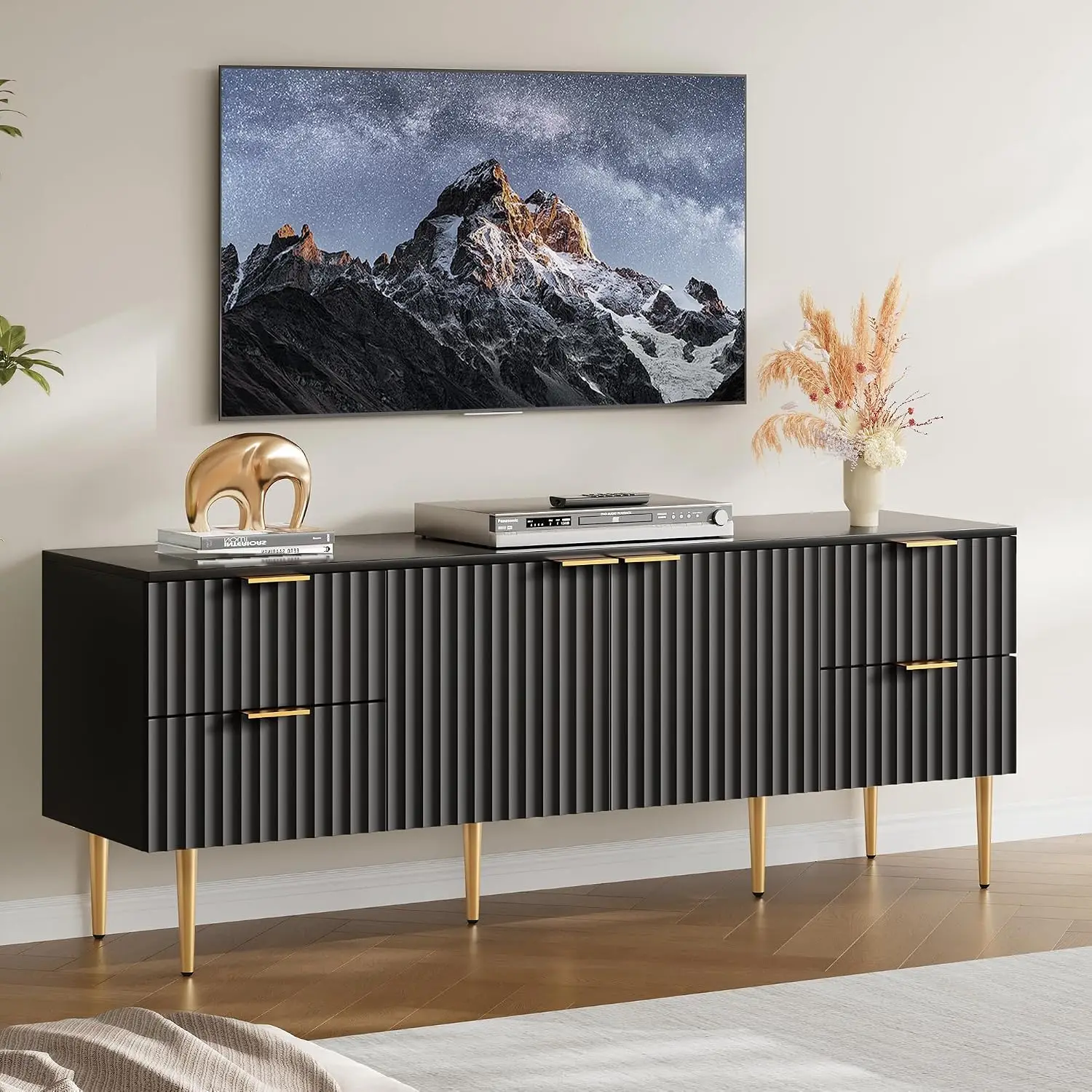 Modern TV Stand Entertainment Center 62 Inch with 4 Drawers Fluted Media Console for Living Room Bedroom 55-70 Inch, Customized