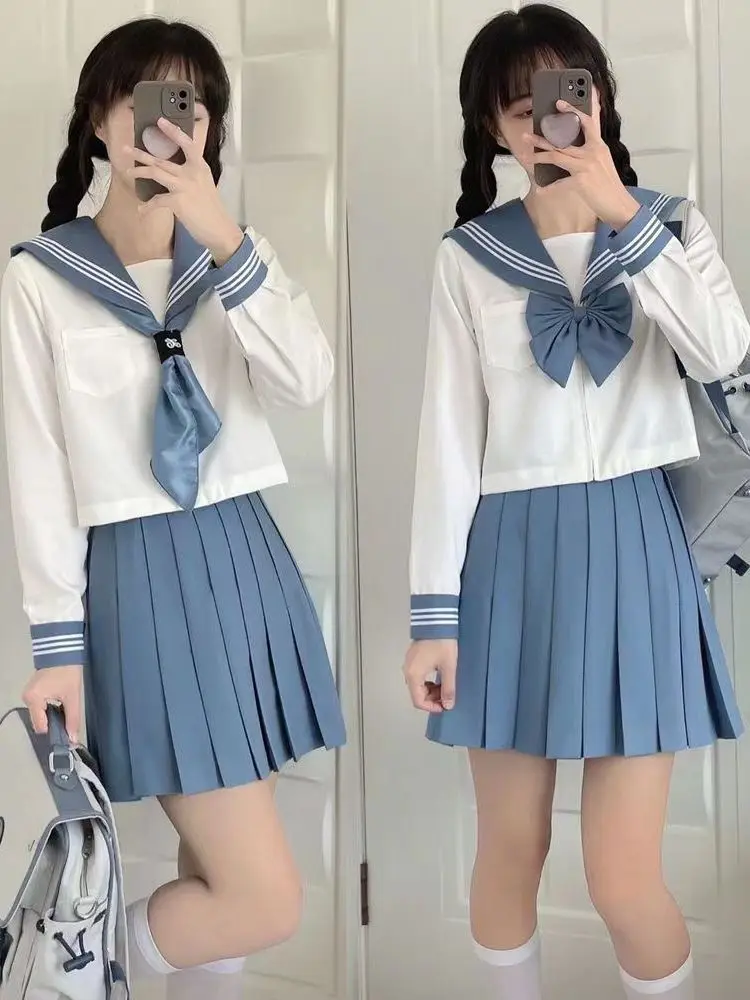 

Blue JK Uniform Summer long Sleeve Japanese School Uniforms Girls Sailor Sets Pleated Skirt JK Uniform Costume