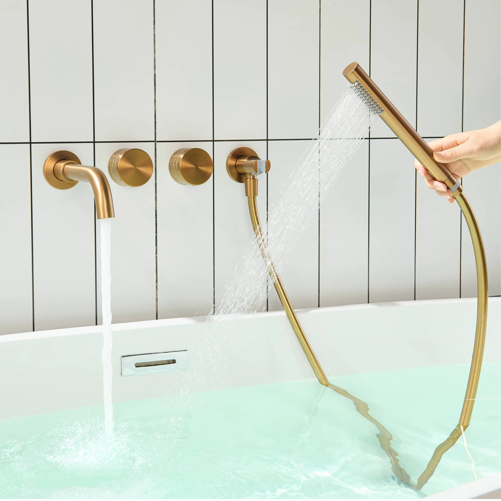 Luxury Brass Brushed Gold Wall Mounted Bathroom Faucet With Embedded Dual Handle Hot and Cold Water 2 Function Bathtub Mixer