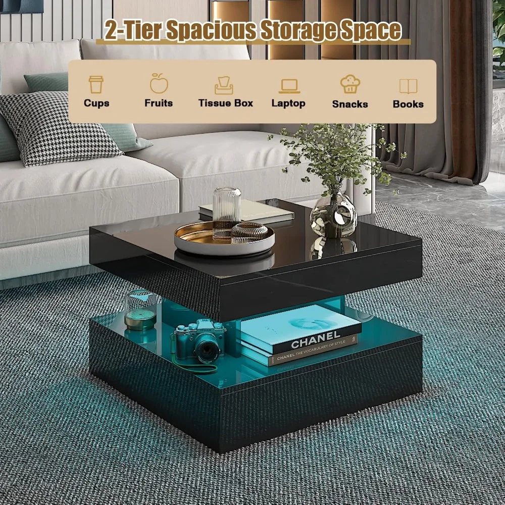 Tavolino da caffè moderno quadrato a 2 livelli con finitura in legno lucido, tavolo centrale portaoggetti 23,6 per soggiorno