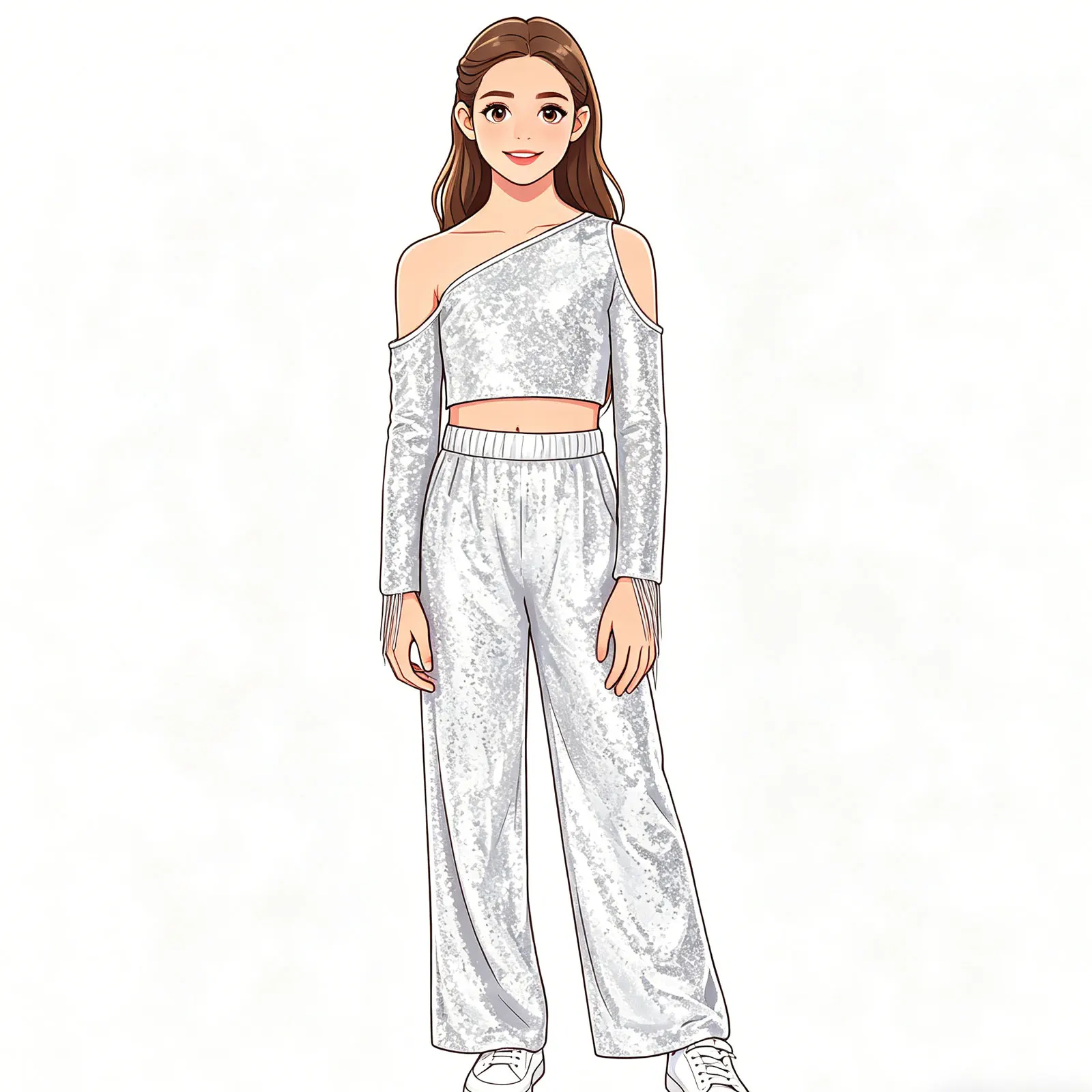 

Child Girls Jazz Street Dance Outfit Stage Show Performance Costume One Shoulder Long Sleeve Tassels Crop Top+Sequins Pants Sets